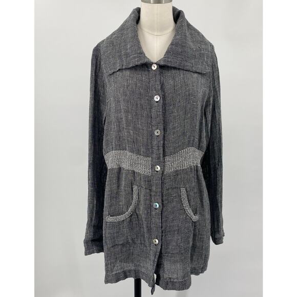 Fenini Linen Jacket Button Down Wide Collared Longline Pockets Grey Womens XS - Picture 3 of 8